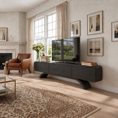 Minimalist TV Stand with Curved Arch Base in Natural Solid Wood Design - Woodenecho - 7