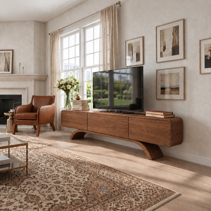 Minimalist TV Stand with Curved Arch Base in Natural Solid Wood Design - Woodenecho - 8