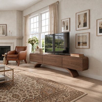 Minimalist TV Stand with Curved Arch Base in Natural Solid Wood Design - Woodenecho - 9