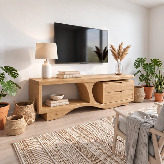 Minimalist TV Stand with Curved Open Nooks and Two Drawer Storage - Woodenecho - 6