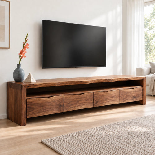 Minimalist TV Stand with Curved Storage Drawers in Natural Solid Wood - Woodenecho - 1