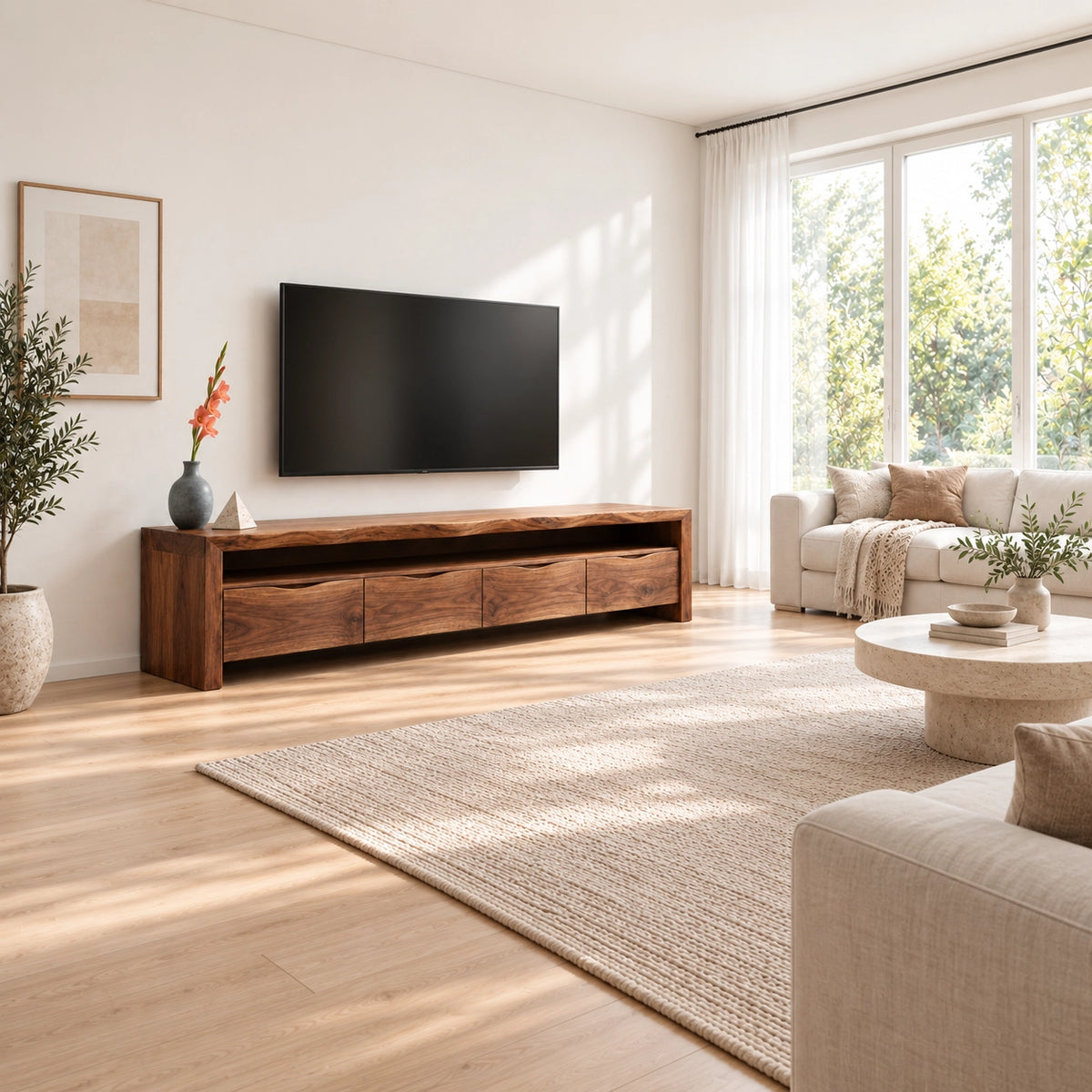 Minimalist TV Stand with Curved Storage Drawers in Natural Solid Wood - Woodenecho - 2
