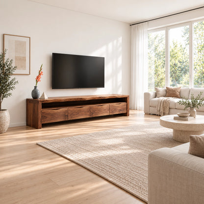 Minimalist TV Stand with Curved Storage Drawers in Natural Solid Wood - Woodenecho - 2