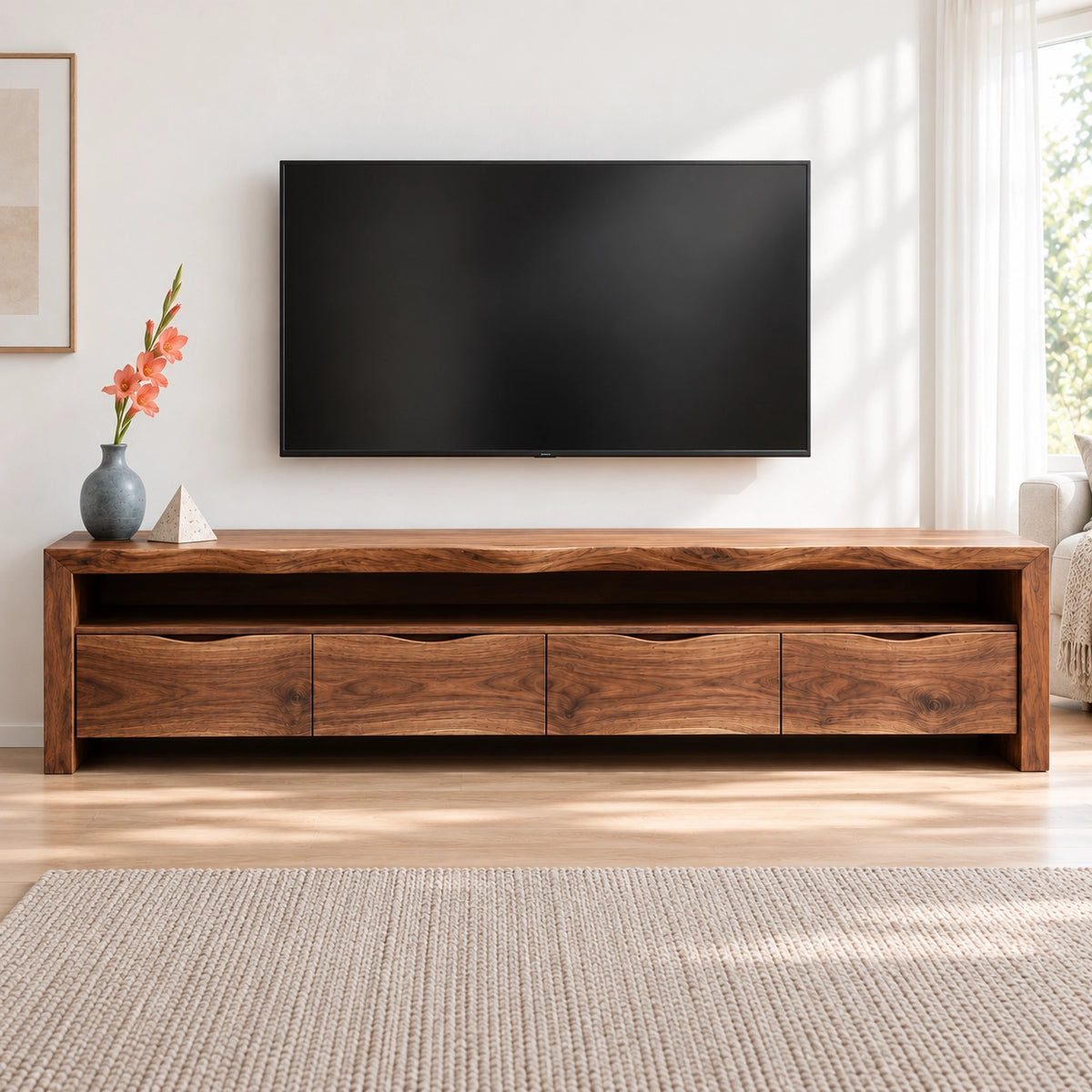 Minimalist TV Stand with Curved Storage Drawers in Natural Solid Wood - Woodenecho - 3