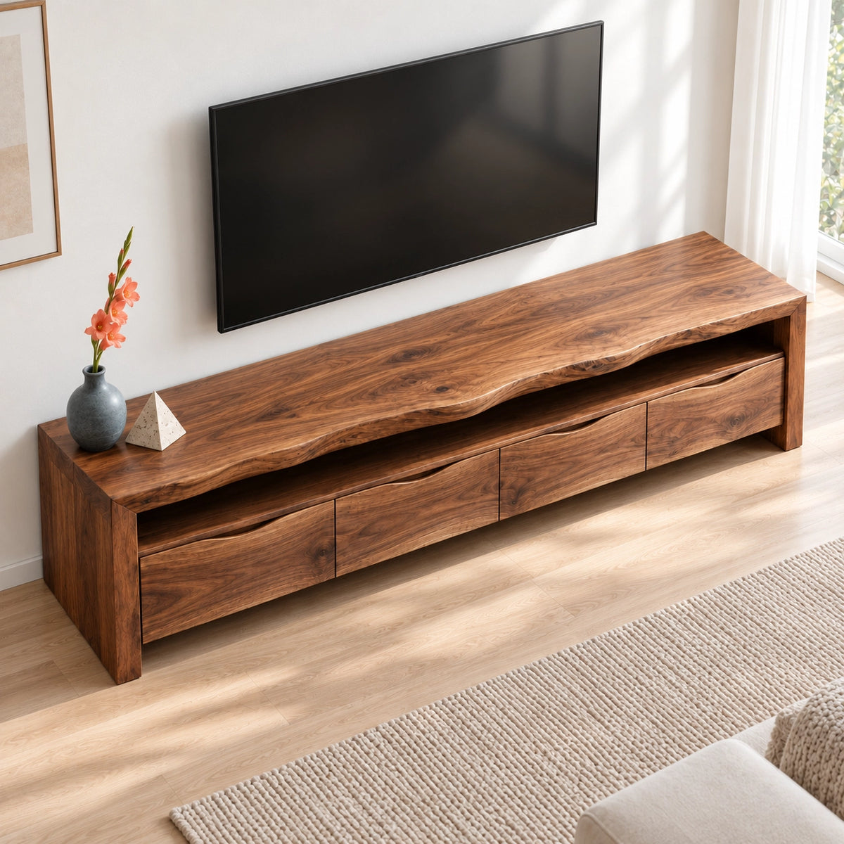 Minimalist TV Stand with Curved Storage Drawers in Natural Solid Wood - Woodenecho - 4