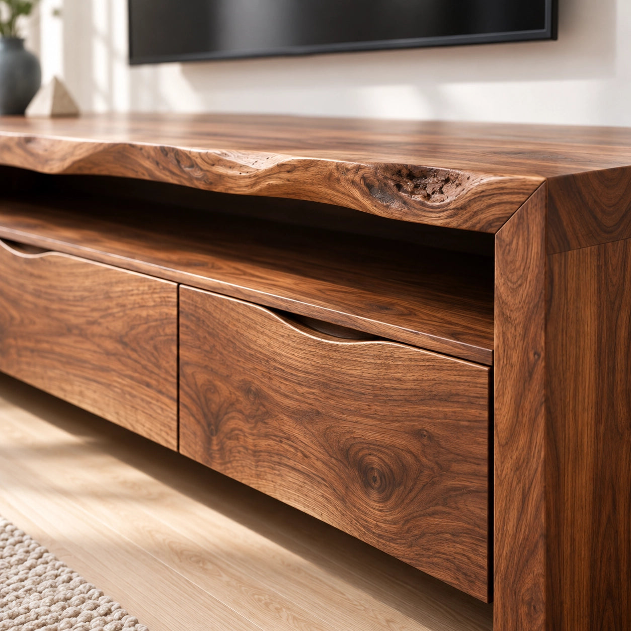 Minimalist TV Stand with Curved Storage Drawers in Natural Solid Wood - Woodenecho - 5