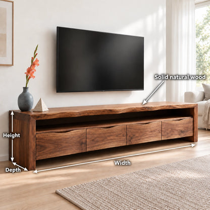 Minimalist TV Stand with Curved Storage Drawers in Natural Solid Wood - Woodenecho - 6