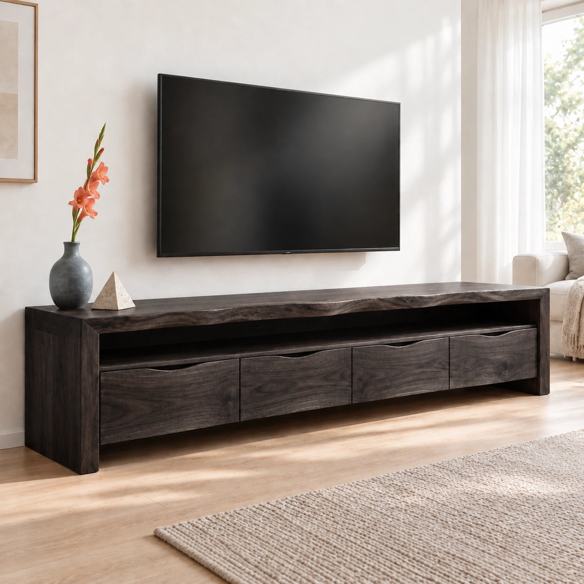 Minimalist TV Stand with Curved Storage Drawers in Natural Solid Wood - Woodenecho - 7
