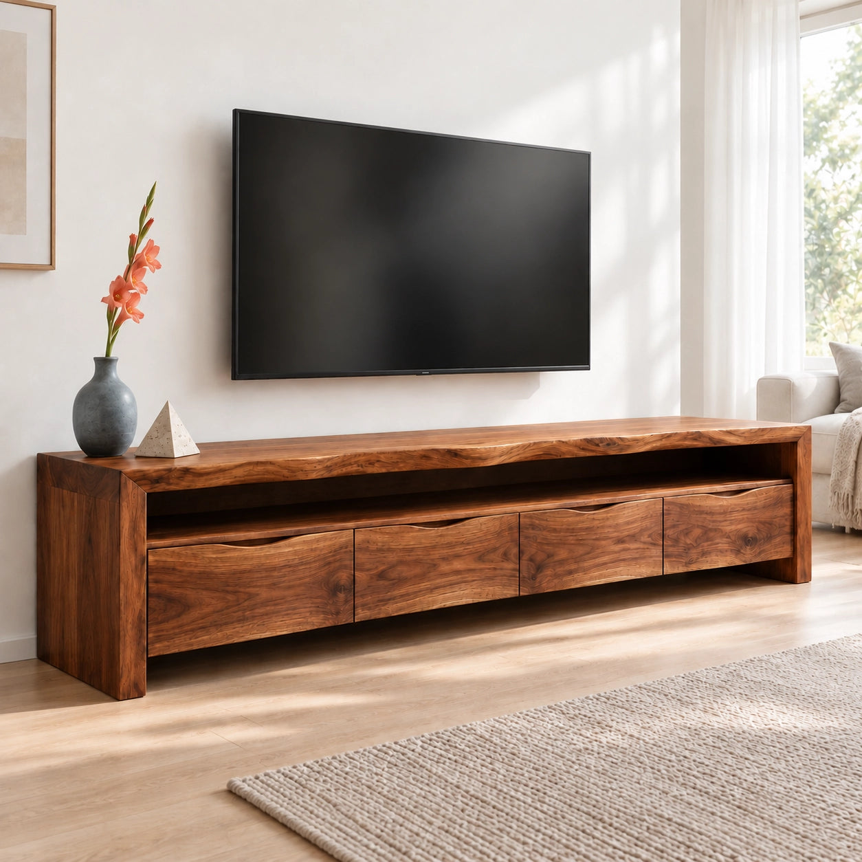 Minimalist TV Stand with Curved Storage Drawers in Natural Solid Wood - Woodenecho - 8