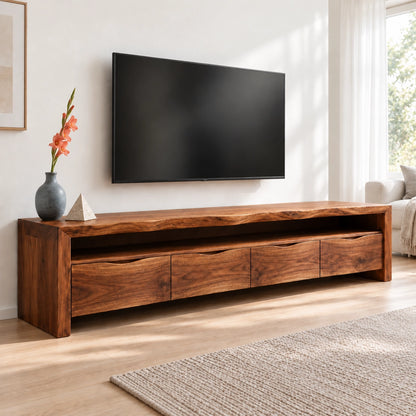Minimalist TV Stand with Curved Storage Drawers in Natural Solid Wood - Woodenecho - 8