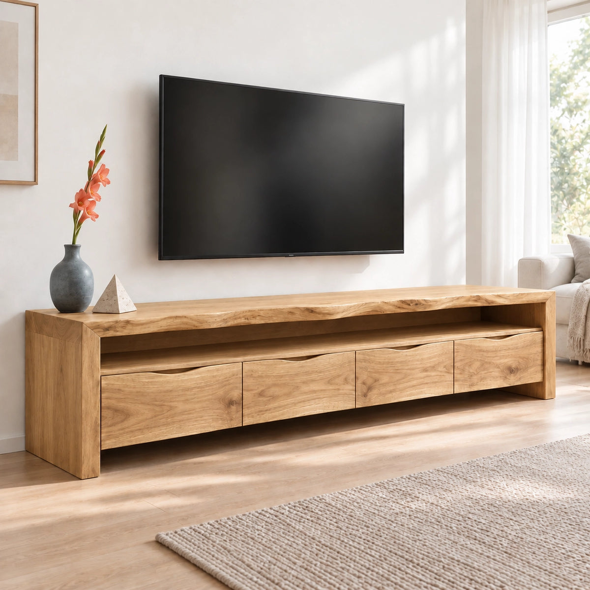 Minimalist TV Stand with Curved Storage Drawers in Natural Solid Wood - Woodenecho - 9