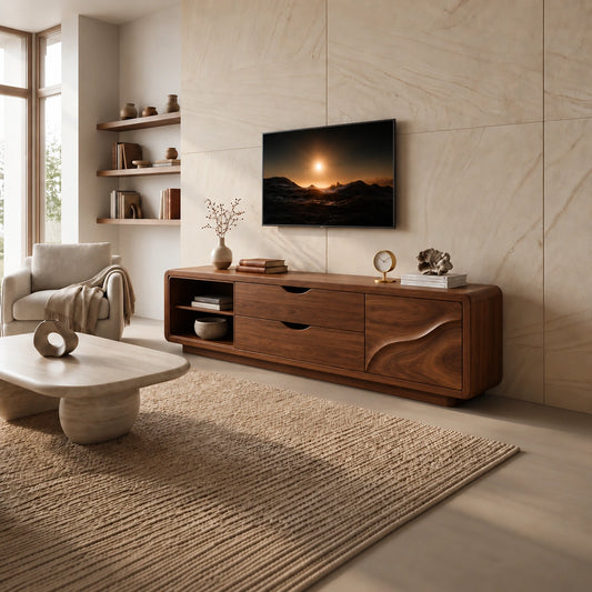 Minimalist TV Stand with Curved Wave Door in Natural Solid Wood Base - Woodenecho - 6