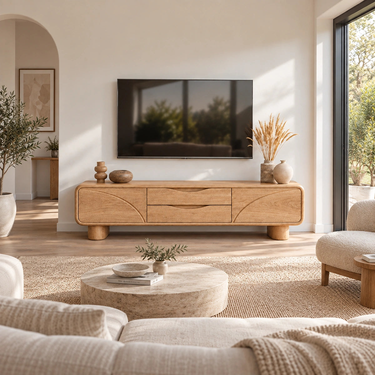 Minimalist TV Stand with Curved Wave Doors in Natural Solid Wood. - Woodenecho - 1