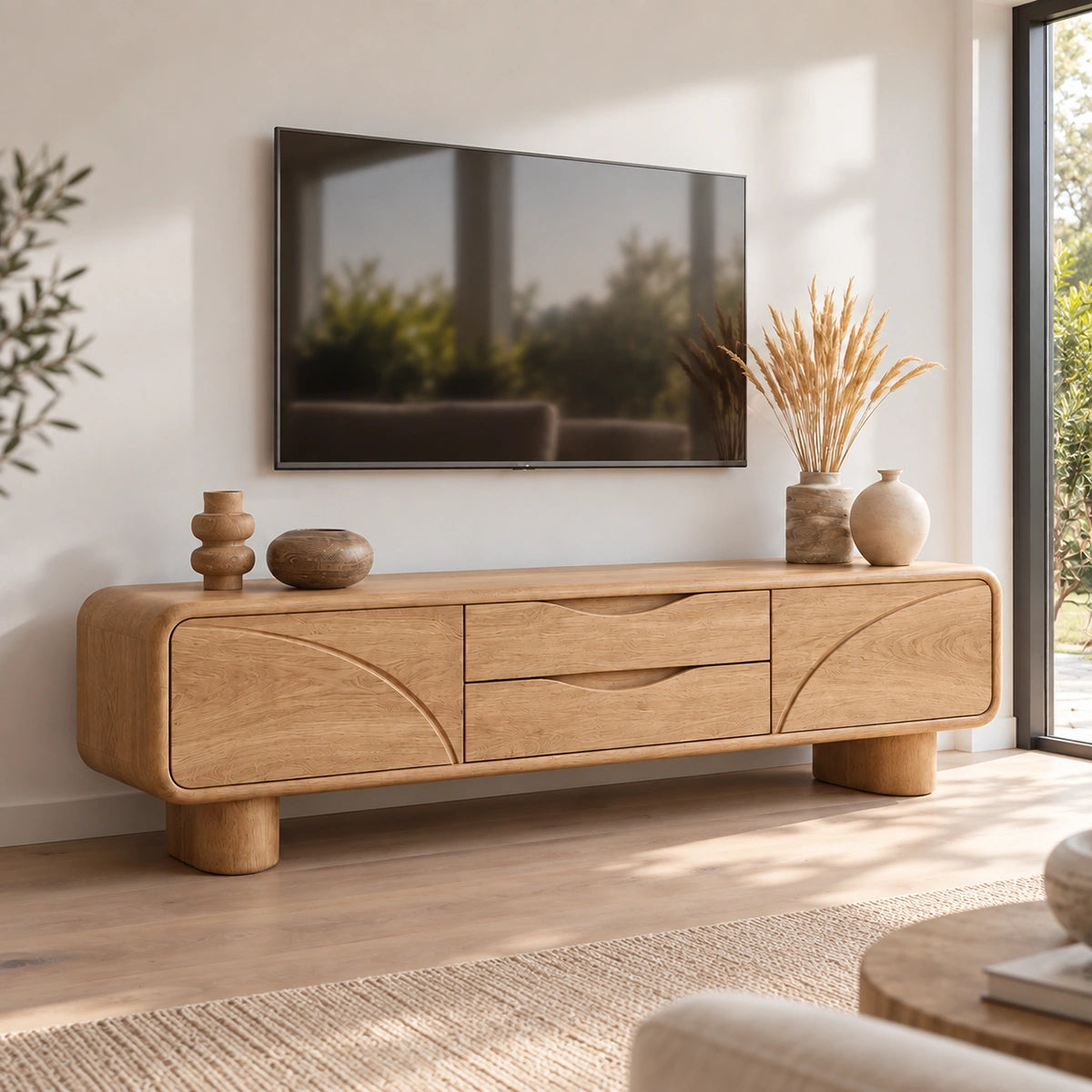 Minimalist TV Stand with Curved Wave Doors in Natural Solid Wood. - Woodenecho - 2