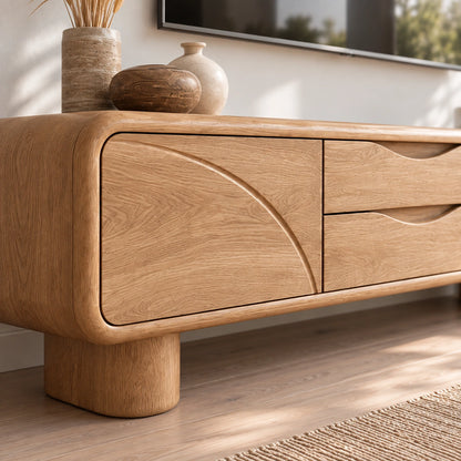 Minimalist TV Stand with Curved Wave Doors in Natural Solid Wood. - Woodenecho - 3