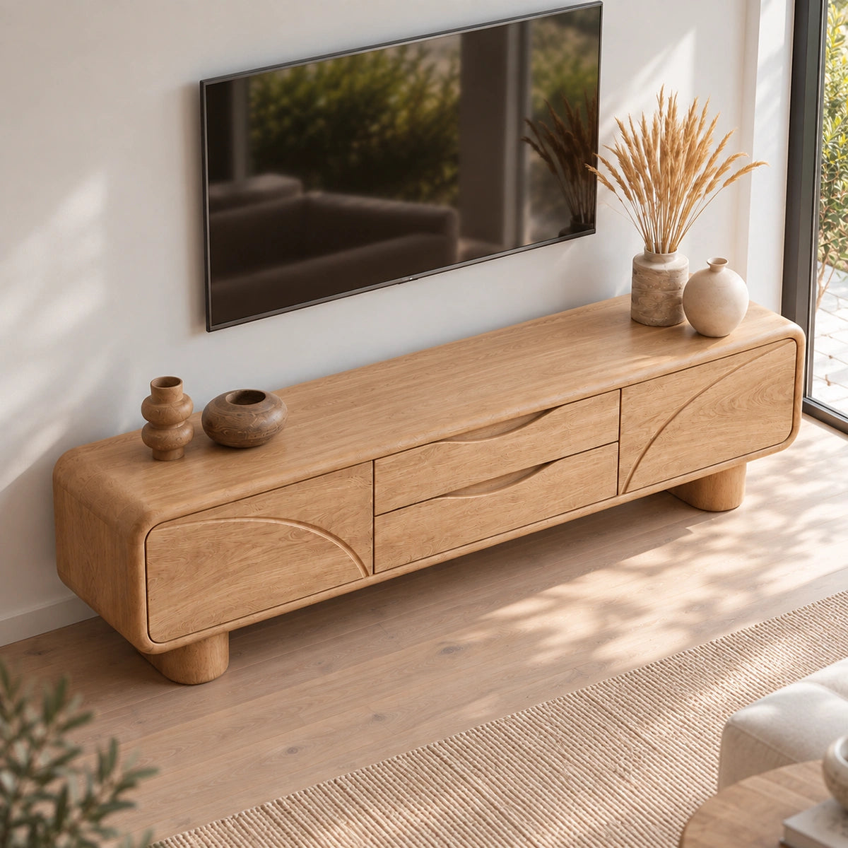 Minimalist TV Stand with Curved Wave Doors in Natural Solid Wood. - Woodenecho - 4
