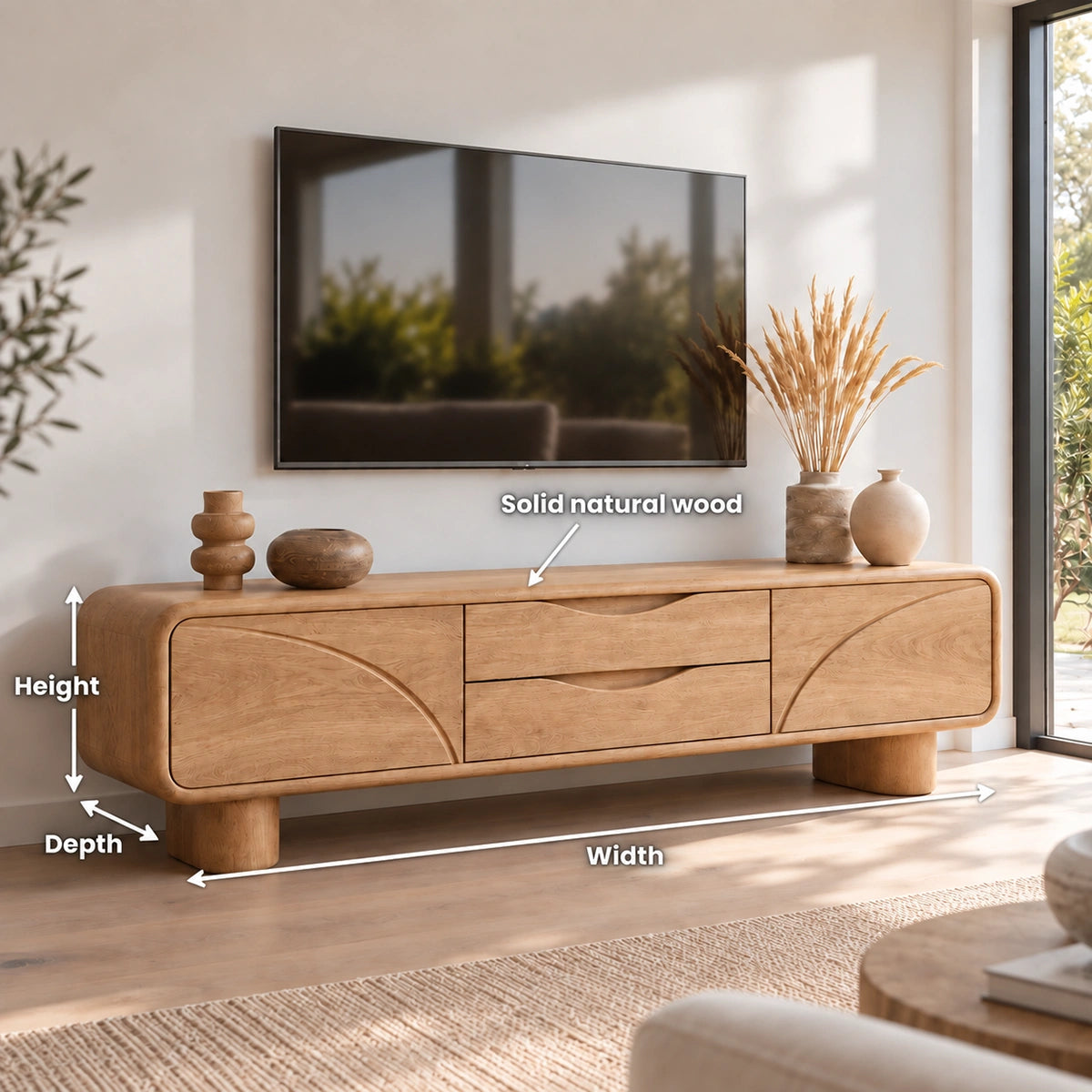 Minimalist TV Stand with Curved Wave Doors in Natural Solid Wood. - Woodenecho - 5