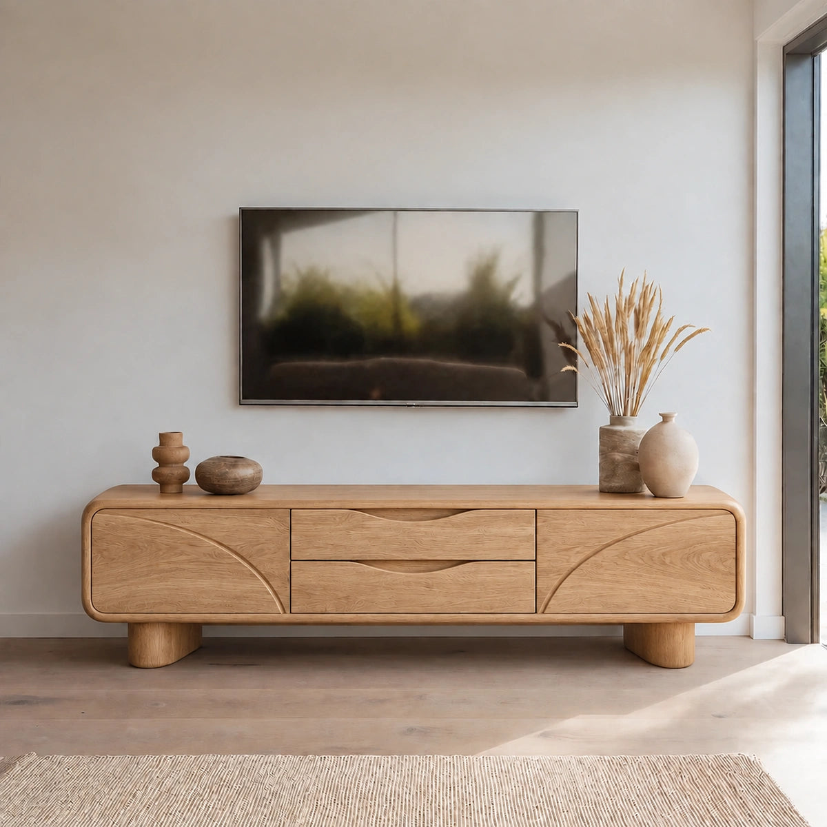 Minimalist TV Stand with Curved Wave Doors in Natural Solid Wood. - Woodenecho - 6