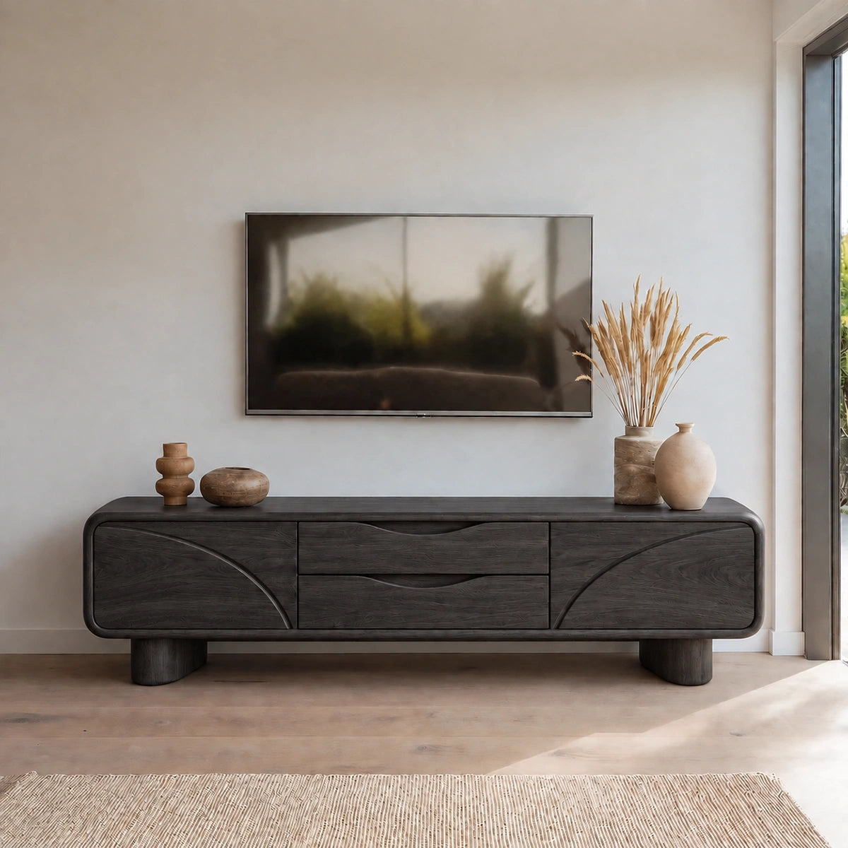 Minimalist TV Stand with Curved Wave Doors in Natural Solid Wood. - Woodenecho - 7