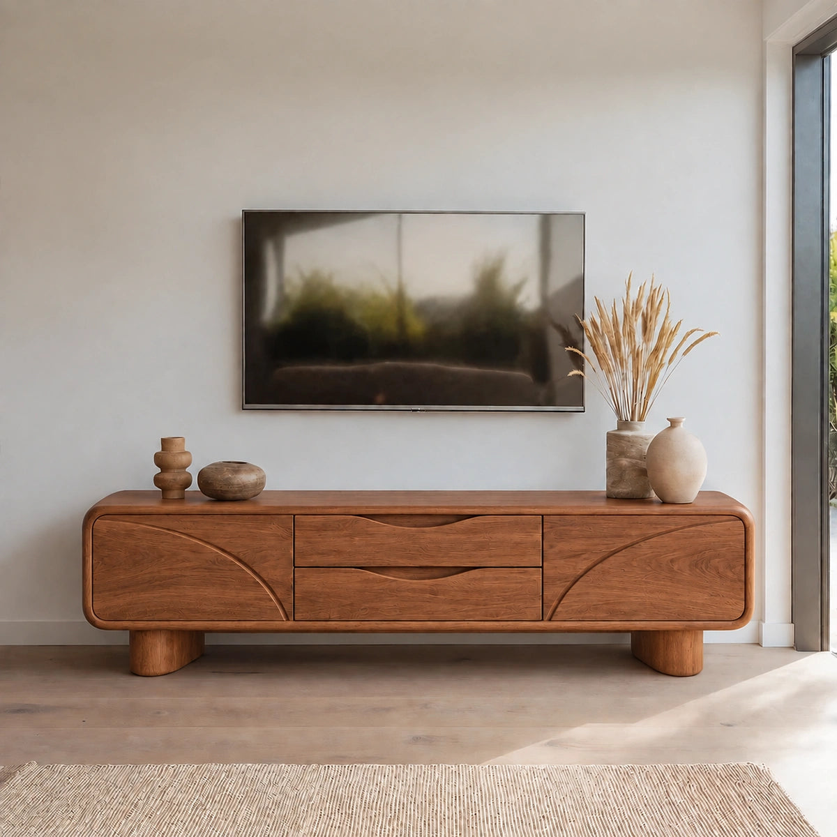 Minimalist TV Stand with Curved Wave Doors in Natural Solid Wood. - Woodenecho - 8