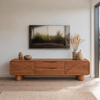 Minimalist TV Stand with Curved Wave Doors in Natural Solid Wood. - Woodenecho - 8