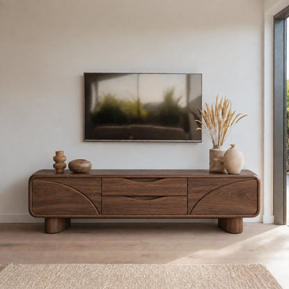 Minimalist TV Stand with Curved Wave Doors in Natural Solid Wood. - Woodenecho - 9