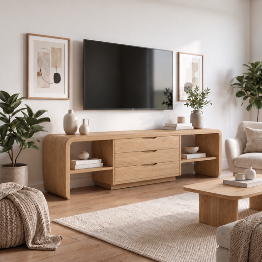 Minimalist TV Stand with Open Side Shelves and Three Center Drawers - Woodenecho - 2