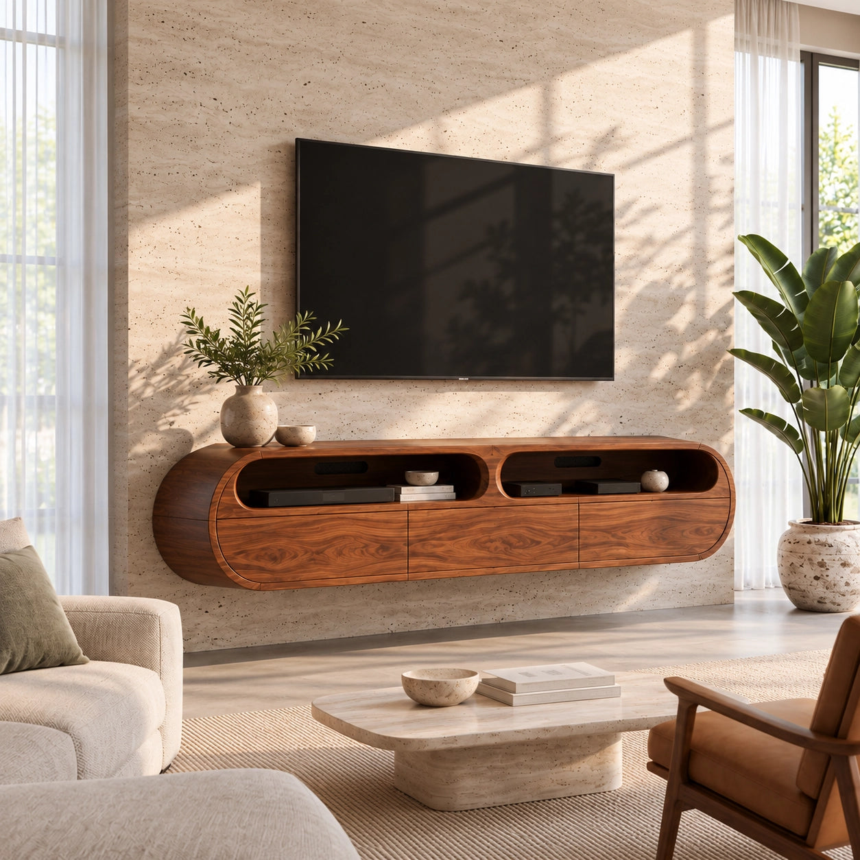 Minimalist TV Stand with Rounded Openings in Natural Solid Wood - Woodenecho - 1