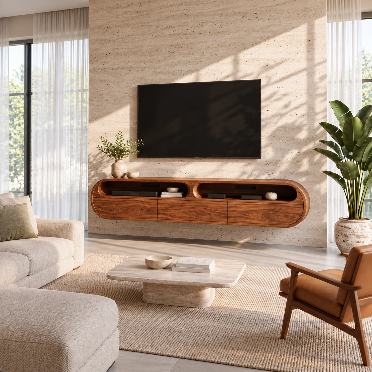 Minimalist TV Stand with Rounded Openings in Natural Solid Wood - Woodenecho - 2