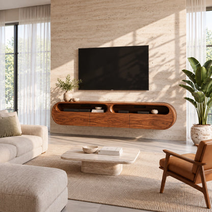 Minimalist TV Stand with Rounded Openings in Natural Solid Wood - Woodenecho - 2