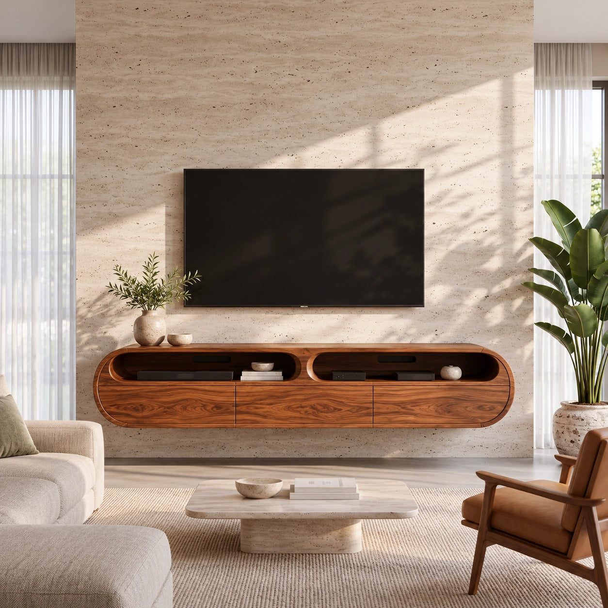 Minimalist TV Stand with Rounded Openings in Natural Solid Wood - Woodenecho - 3