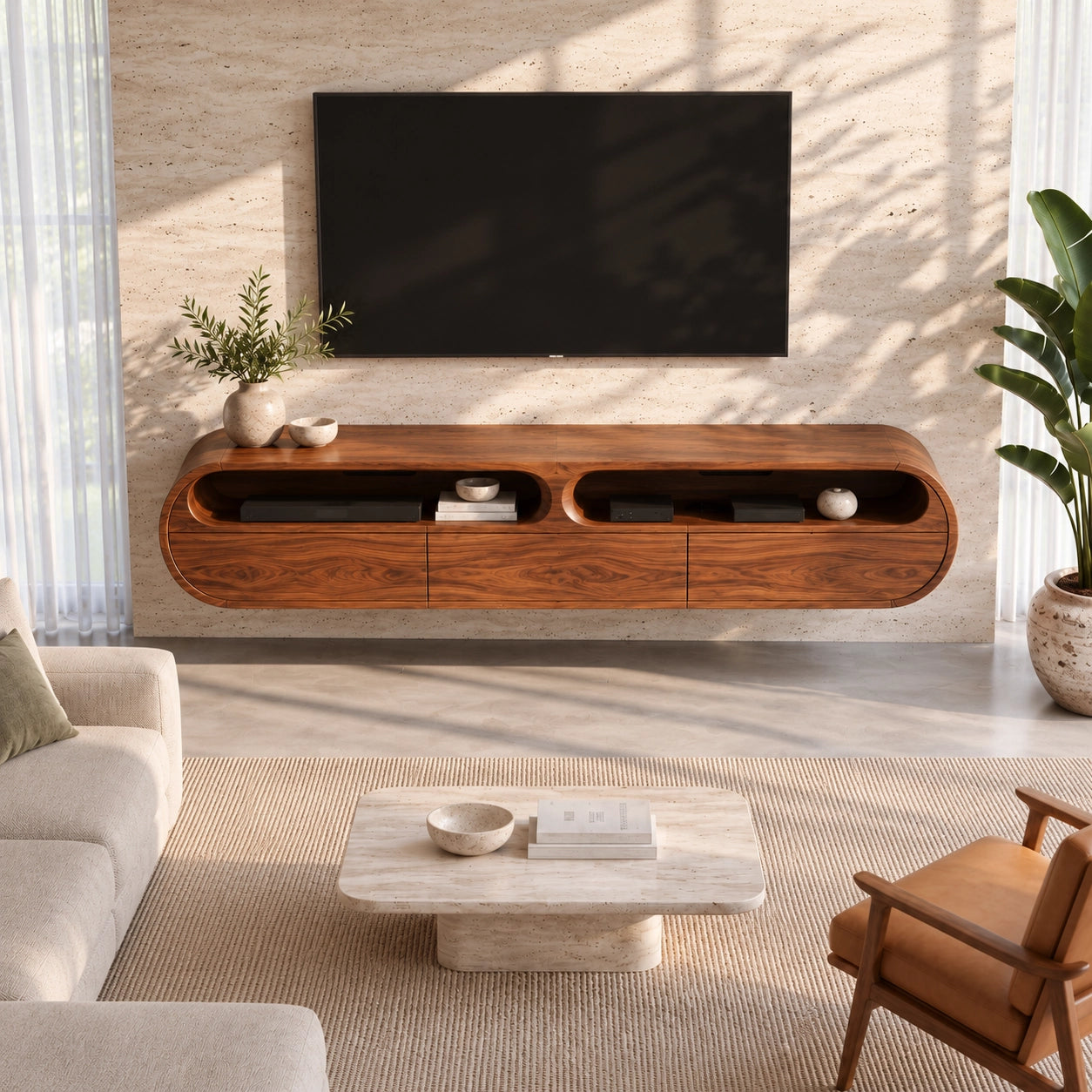 Minimalist TV Stand with Rounded Openings in Natural Solid Wood - Woodenecho - 4