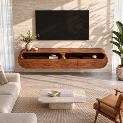 Minimalist TV Stand with Rounded Openings in Natural Solid Wood - Woodenecho - 4