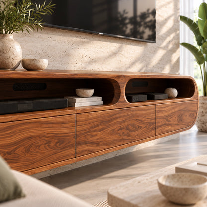 Minimalist TV Stand with Rounded Openings in Natural Solid Wood - Woodenecho - 5