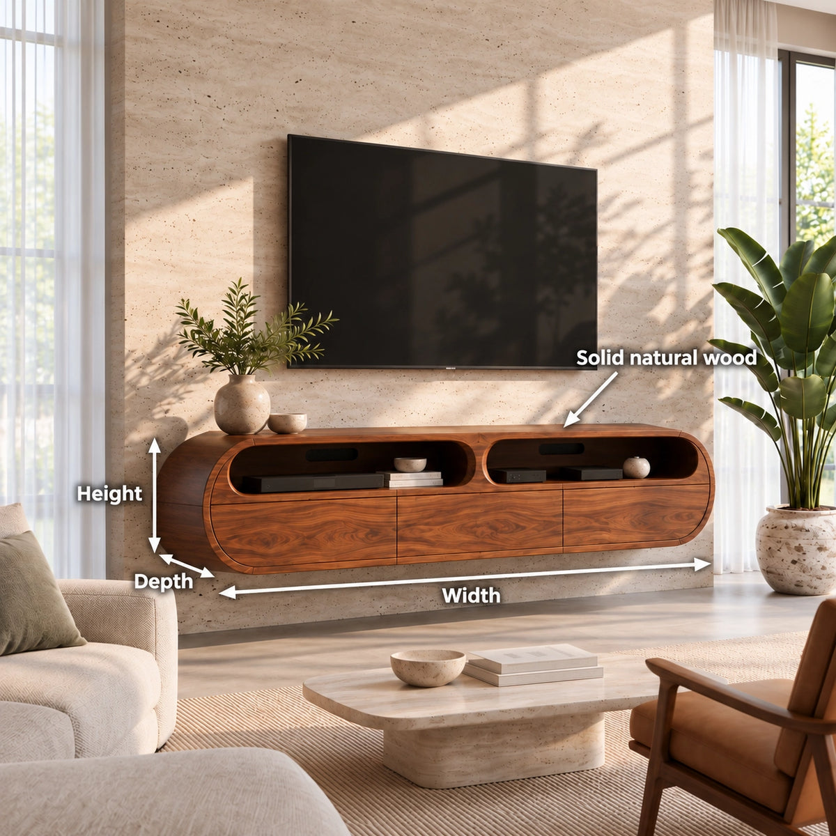 Minimalist TV Stand with Rounded Openings in Natural Solid Wood - Woodenecho - 6