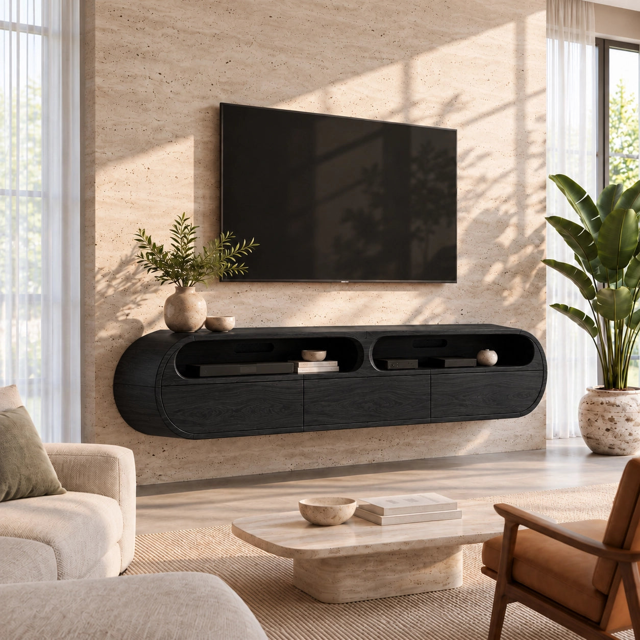 Minimalist TV Stand with Rounded Openings in Natural Solid Wood - Woodenecho - 7