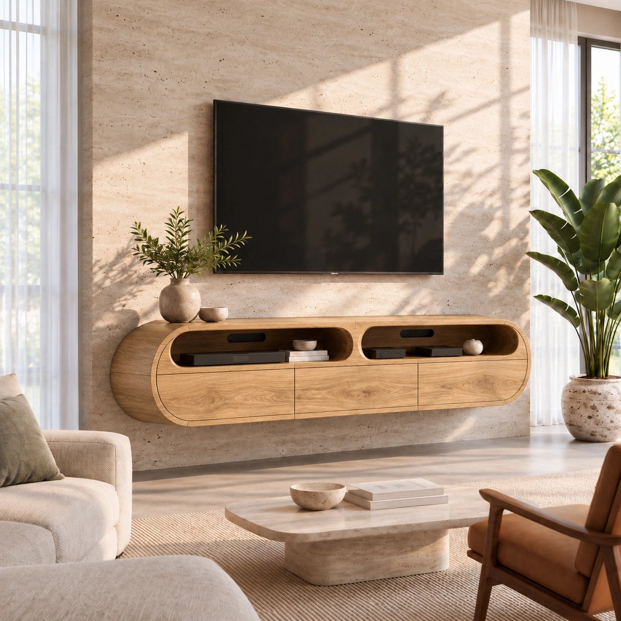 Minimalist TV Stand with Rounded Openings in Natural Solid Wood - Woodenecho - 8