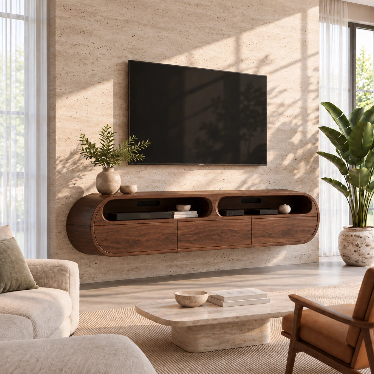 Minimalist TV Stand with Rounded Openings in Natural Solid Wood - Woodenecho - 9