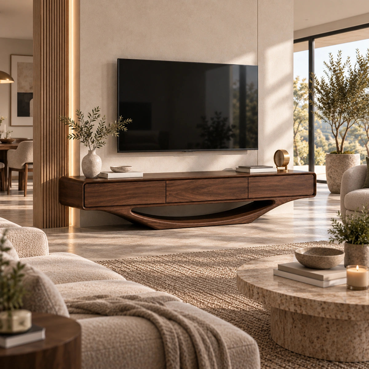 Minimalist TV Stand with Sculptural Wave Base in Natural Solid Wood - Woodenecho - 1