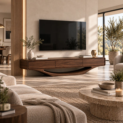 Minimalist TV Stand with Sculptural Wave Base in Natural Solid Wood - Woodenecho - 1