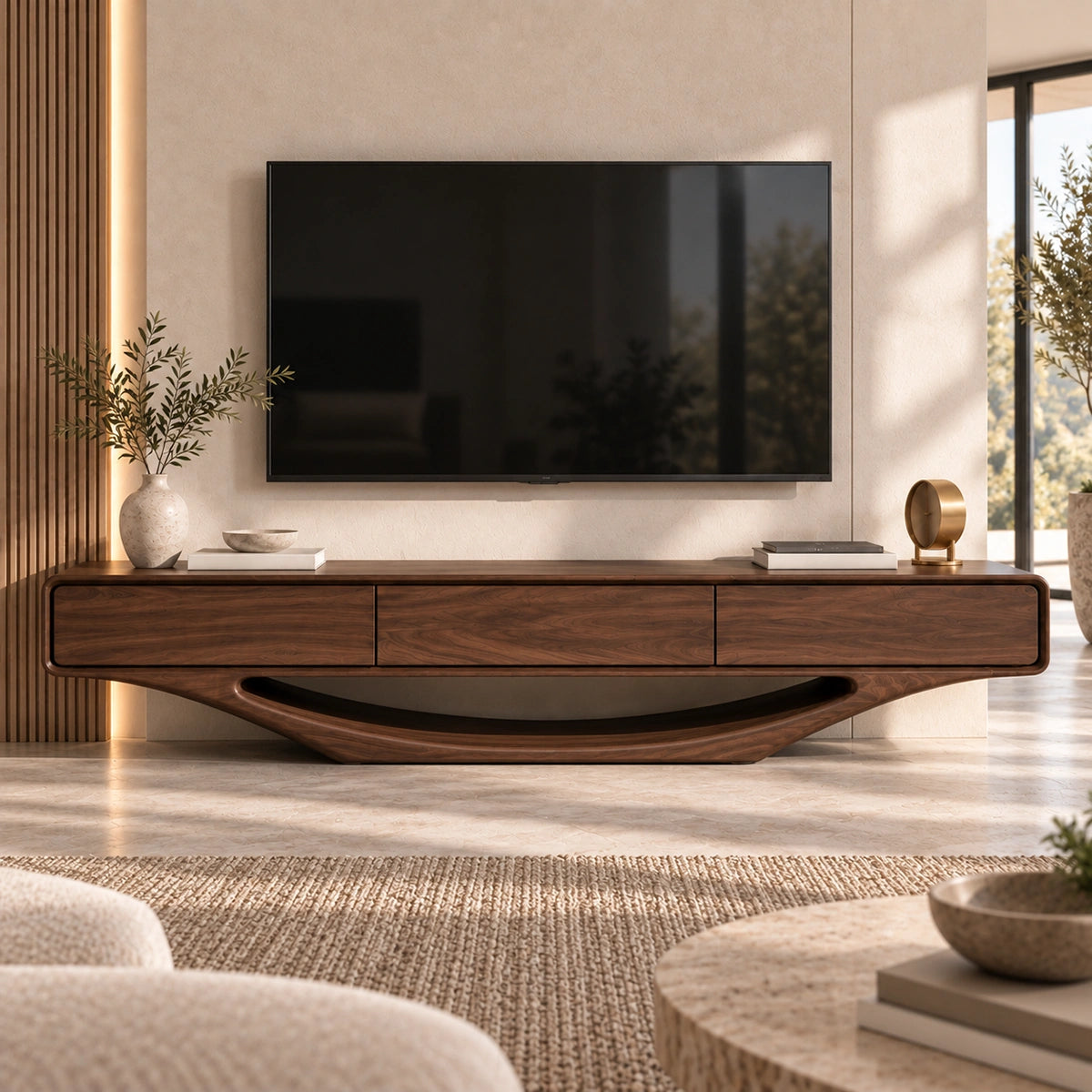 Minimalist TV Stand with Sculptural Wave Base in Natural Solid Wood - Woodenecho - 2