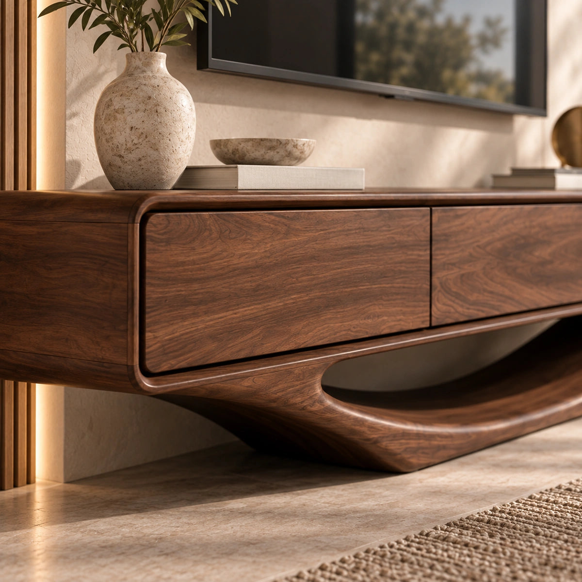 Minimalist TV Stand with Sculptural Wave Base in Natural Solid Wood - Woodenecho - 3