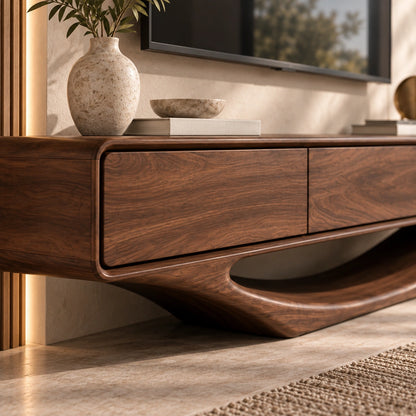Minimalist TV Stand with Sculptural Wave Base in Natural Solid Wood - Woodenecho - 3