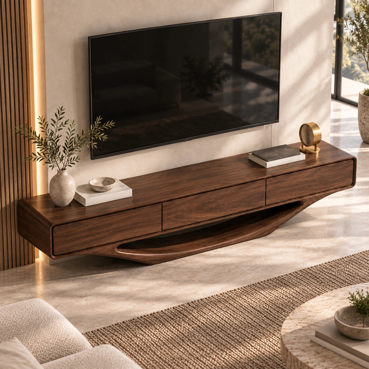 Minimalist TV Stand with Sculptural Wave Base in Natural Solid Wood - Woodenecho - 4