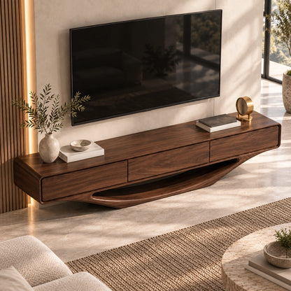 Minimalist TV Stand with Sculptural Wave Base in Natural Solid Wood - Woodenecho - 4