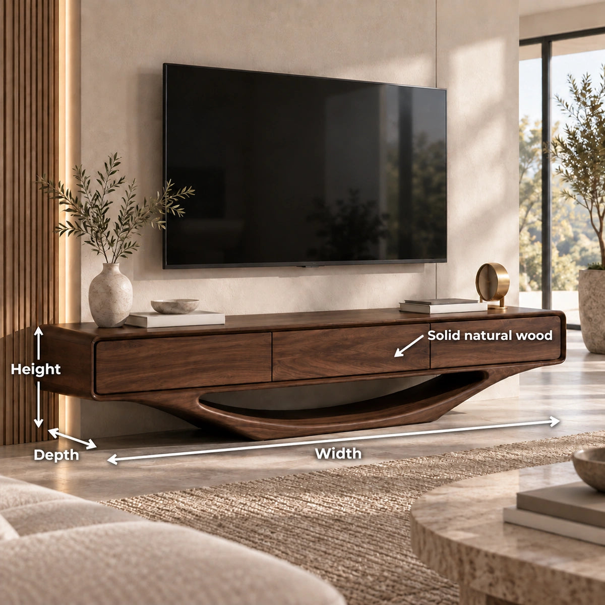 Minimalist TV Stand with Sculptural Wave Base in Natural Solid Wood - Woodenecho - 5