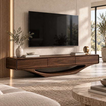 Minimalist TV Stand with Sculptural Wave Base in Natural Solid Wood - Woodenecho - 6