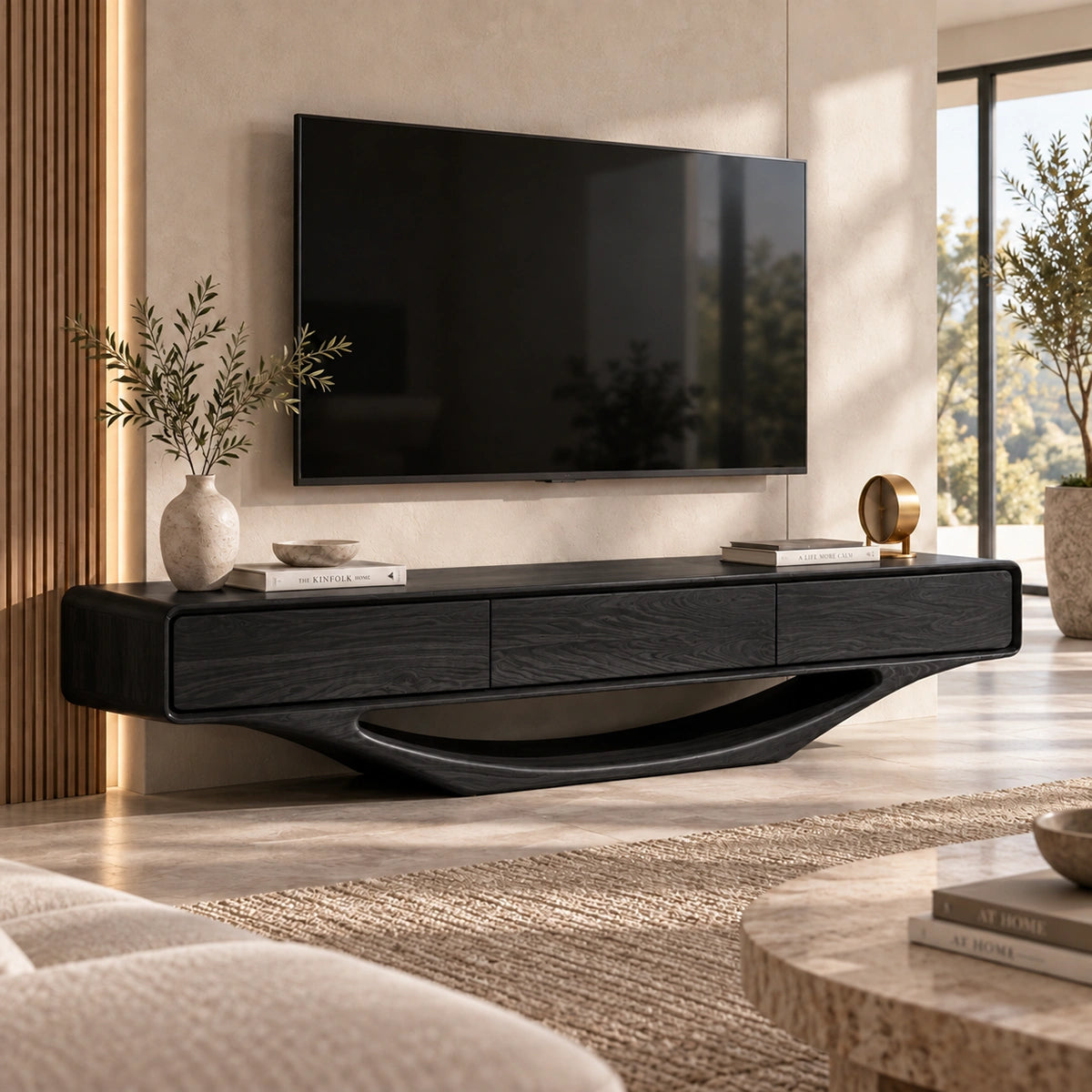 Minimalist TV Stand with Sculptural Wave Base in Natural Solid Wood - Woodenecho - 7