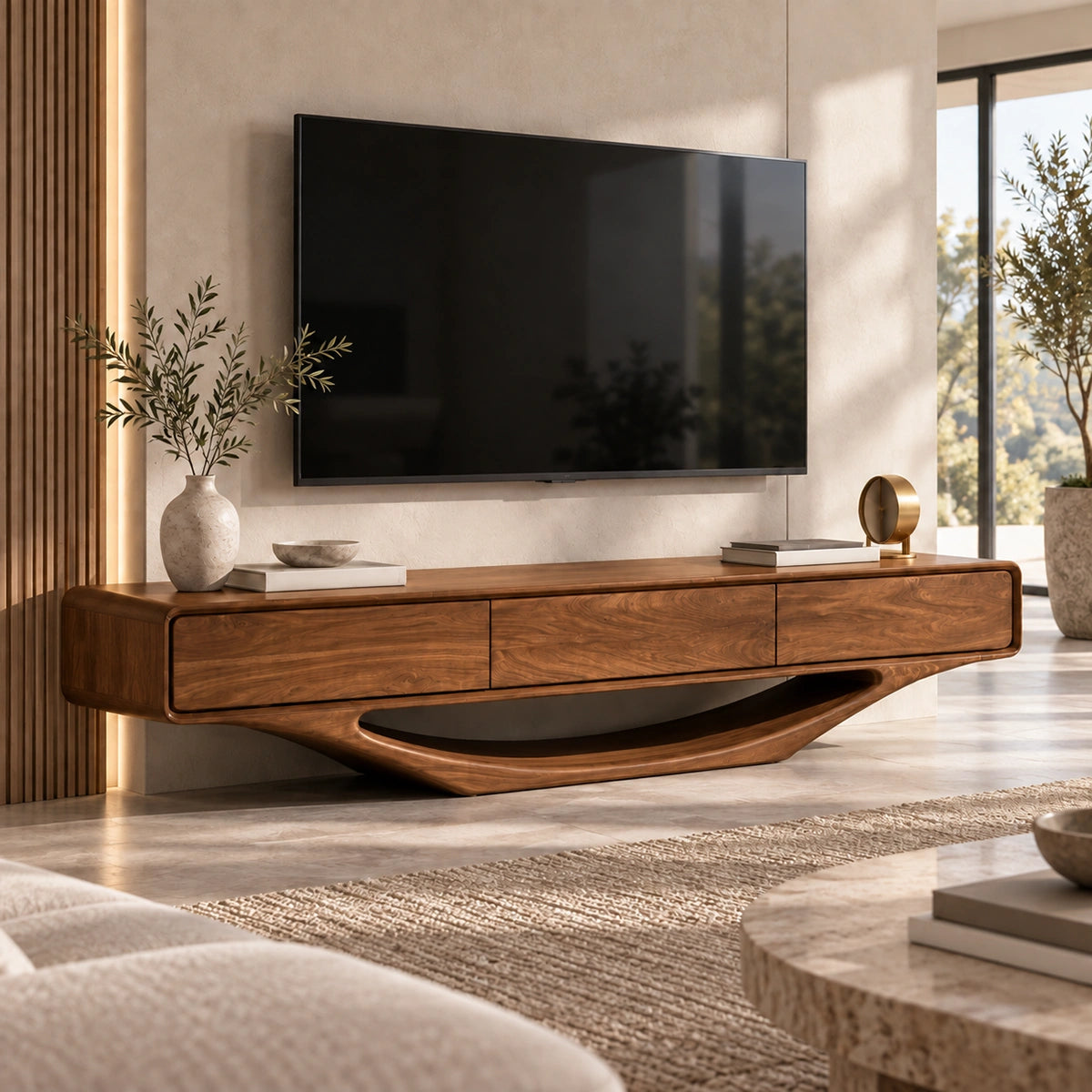 Minimalist TV Stand with Sculptural Wave Base in Natural Solid Wood - Woodenecho - 8