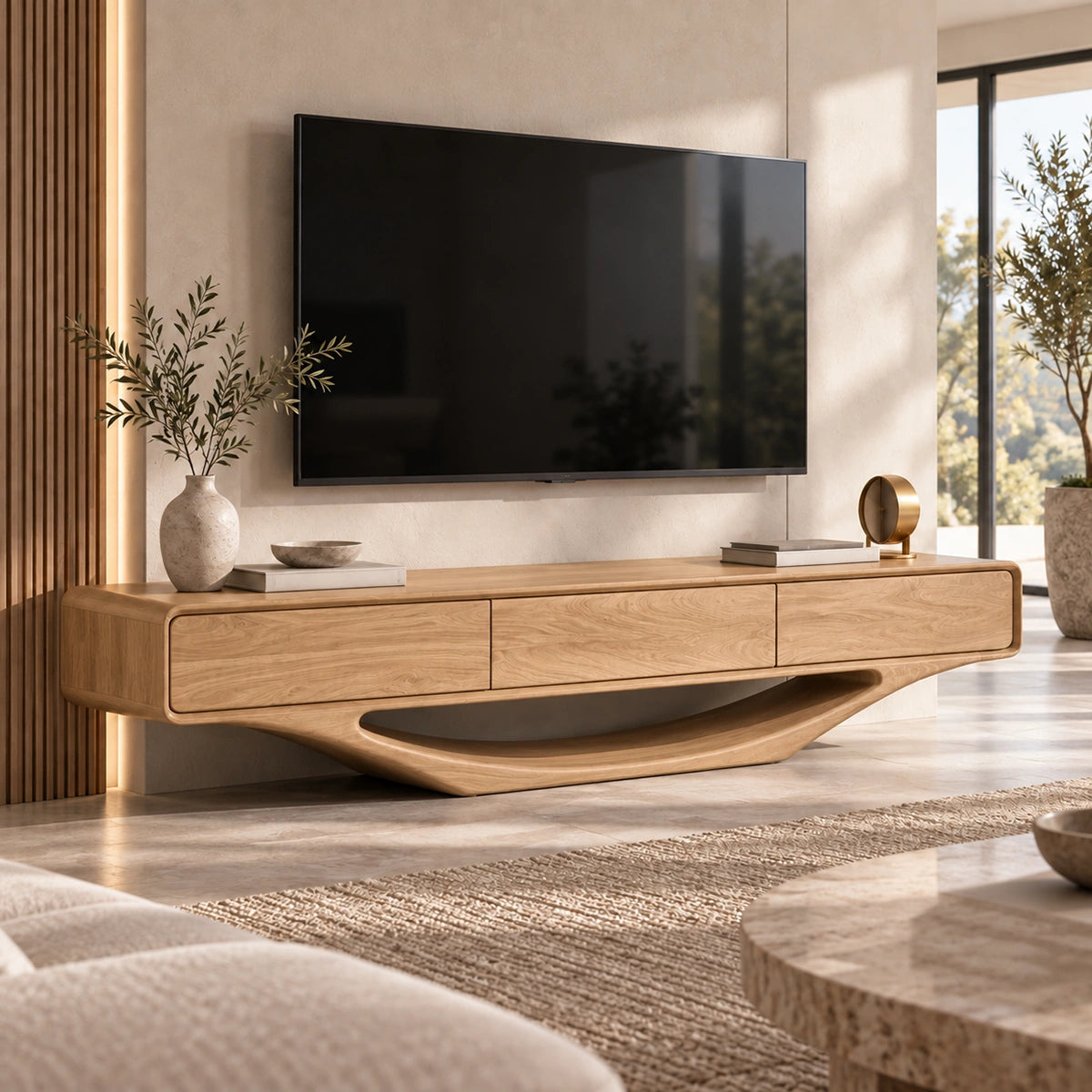 Minimalist TV Stand with Sculptural Wave Base in Natural Solid Wood - Woodenecho - 9
